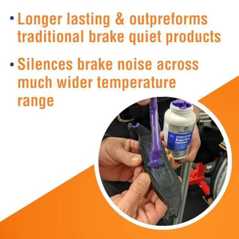 Permatex Ceramic Extreme Brake Parts Lubricant 8 oz bottle, close-up of purple lubricant applied to a brake pad.