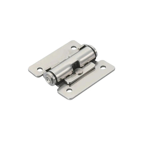 Close-up of a stainless steel concealed cabinet hinge with soft-close mechanism
