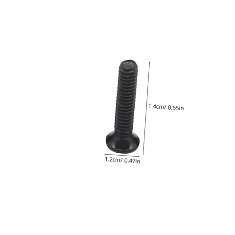 Close-up of a black screw from the 18 Spec Miniature Screw Set Kit With Flat Head Screws In Transparent Case For Glasses And DIY Repairs, Ultra Handy Lightweight Portable Black Screw Assortment For Quick Access And Easy Fixes, shown with dimensions 1.4cm x 1.2cm.