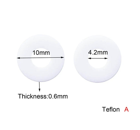 Two white flat Teflon washers showing dimensions, 10mm outer and 4.2mm inner diameter, for folding knife pivot pins.