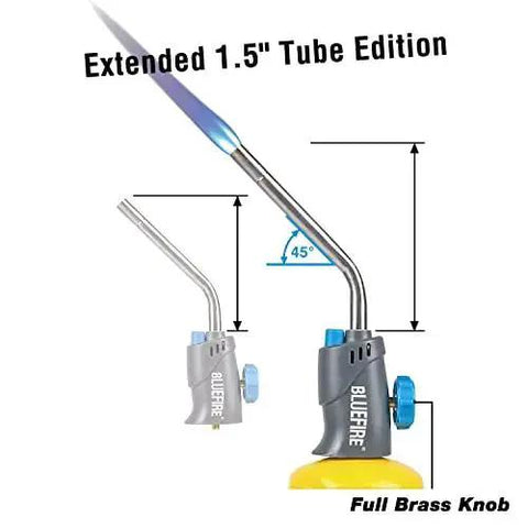 Trigger Start Gas Welding Torch Head For Propane And MAP PRO Fuel, 1.5 Inch Extension Nozzle, visible flame, side view