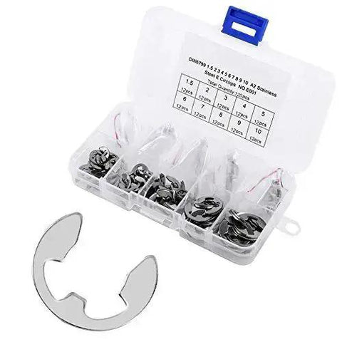 120Pcs 304 Stainless Steel E Clip Retaining Snap Ring Circlip Kit 1.5 to 10 mm with labeled storage box, built tough for outdoor use