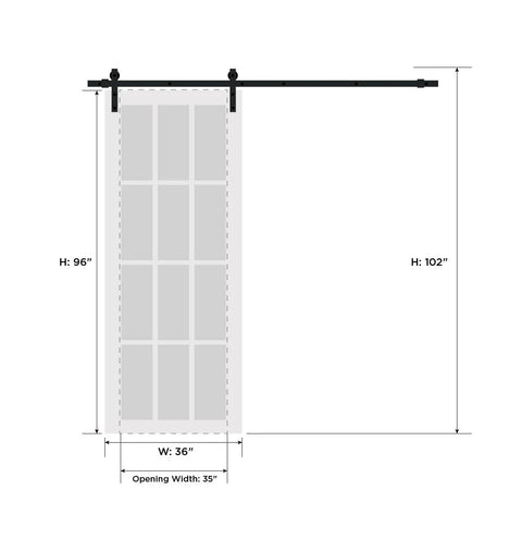 Diagram of Sturdy Barn Door 36 By 96 Inches With Mirror Panel Lucia 1299 White Silk With Mirror Finish 6.6 Ft Rail Hangers