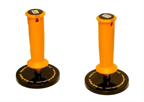 Heavy Duty Sheet Metal Magnets Twin Pack MCB82 for welding, each holds 100 lbs, shown in upright position with orange handles.