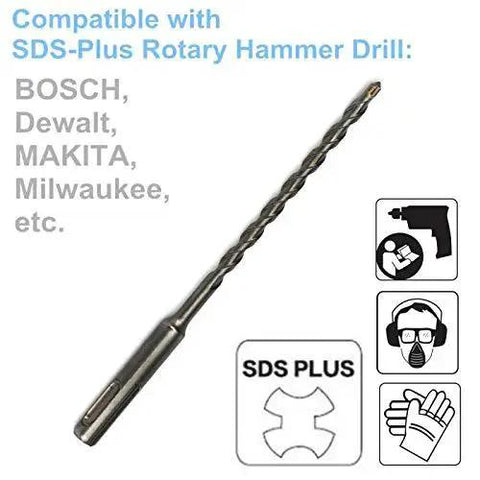 Heavy Duty 5 Piece SDS Plus Hammer Drill Bit Set, Three Sixteenth Inch Diameter, Six Inch Length, Tungsten Carbide Tips For Concrete