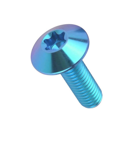 Blue Titanium M5 20mm Button Torx Bolt T25 Drive for bike and motorcycle TC4 titanium alloy corrosion resistant, side view.
