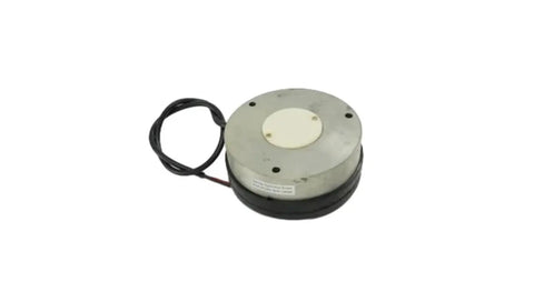 Electromagnetic brake unit, round metal housing with black base and attached wiring