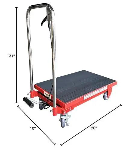 Red steel scissor lift table cart with dark platform, 500 lb capacity, caster wheels (angled front view)