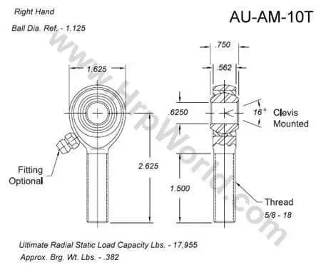 Technical drawing of AM-10T Rod End Bearing with 0.625 inch bore and 5/8-18 right hand thread, solid race in 4130 steel body for metal contact.