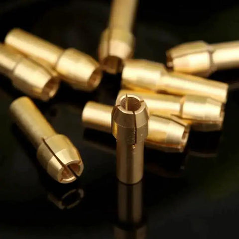 10 Pack Brass Collet Nut Adapters 3.2mm Replacement for Dremel Rotary Tools, shown in a scattered arrangement, highlighting material and size.