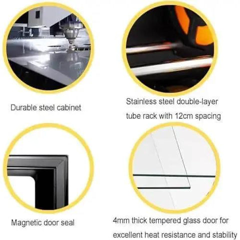 Features of 3D Printer Filament Dryer Box including durable cabinet, double-layer tube rack, magnetic door seal, tempered glass door.