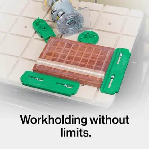 MatchFit CNC Clamping Kit For Woodworking And Milling, 11 Piece Green Set showing clamps installed on a CNC machine with wood.