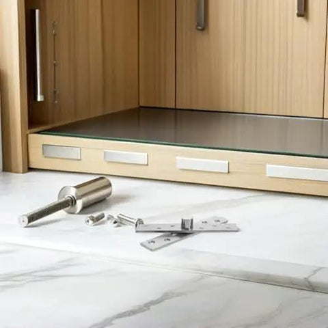 Six Pack CATIEBYE 360 Degree Rotation Stainless Steel Invisible Pivot Door Hinges set shown with wood cabinet installation