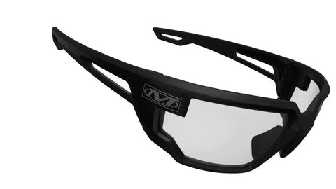 Anti Fog Clear Lens Safety Glasses With Ventilated Temples And Scratch Resistant, black frame close-up view