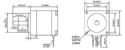 Technical drawing of Nema 11 Bipolar Stepper Motor With 0.67A Current And 9.5 Ncm Holding Torque showing dimensions and wire configuration.
