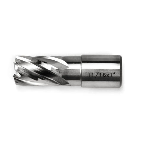 Heavy Duty Annular Cutter For Magnetic Drill Press OSCARBIDE With Pilot Pin Eleven Sixteenth Inch Cutting Diameter And One Inch Depth Of Cut Three Quarters Inch Weldon Shank Two Flats Magnetic Drill Bit For Faster Holes Go To Tool One Piece, shown from side view