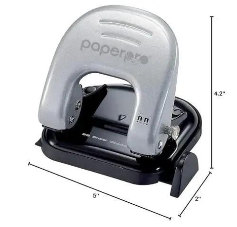 EZ Squeeze Reduced Effort Two Hole Punch For Home Office With No Jam Technology, shown with measurements and metal body
