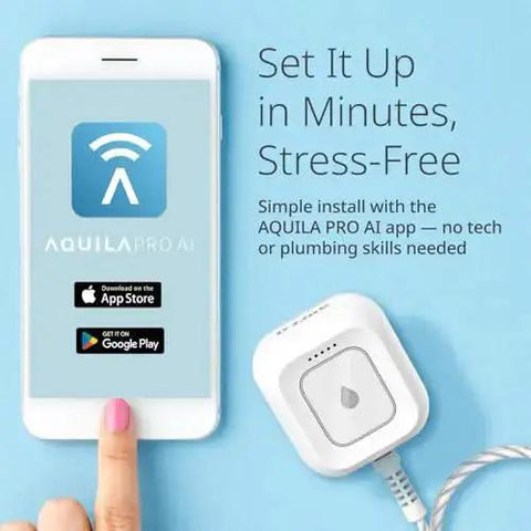 Smart WiFi Water Leak Detector Starter Kit With Two Sensors 100 dB Alarm App Alerts LED Strobe No Hub Needed Works With Google shown with a smartphone app