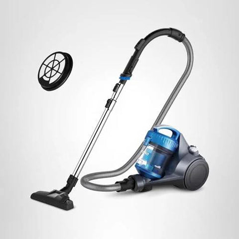 Blue Amazon bagless canister vacuum cleaner with wand, floor tool, and spare circular filter disc.