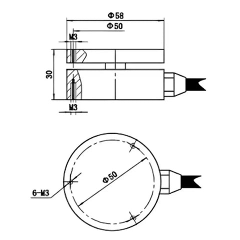 Technical drawing of Space Saving Ultra Slim Flat Membrane Load Cell 25mm and 58mm High Precision Weight Sensor with measurements.