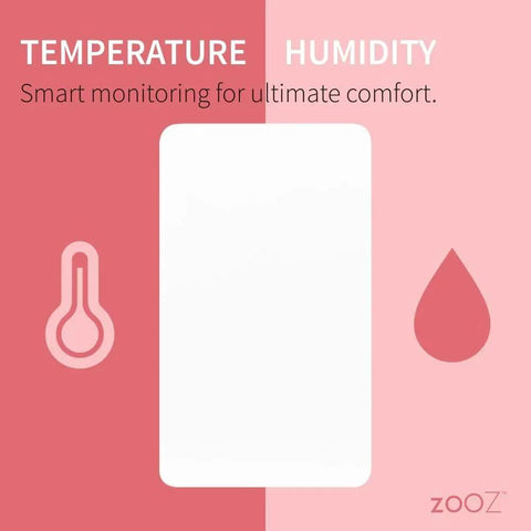Illustration of Long Range Z Wave Temperature And Humidity Sensor XS ZSE44 800LR By Zooz for precise room monitoring with icons.