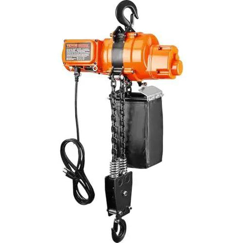 Electric Chain Hoist 2200 Lb 20 Ft Lift 120V Single Phase Remote Control in orange with black chain and hooks