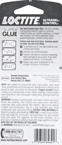 Ultra Gel Control Clear Super Glue 0.14 Fl Oz Bottle 1 Pack packaging with instructions and product information.
