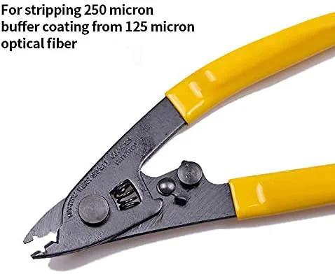 Fiber optic stripping pliers with yellow handles and black metal jaws.