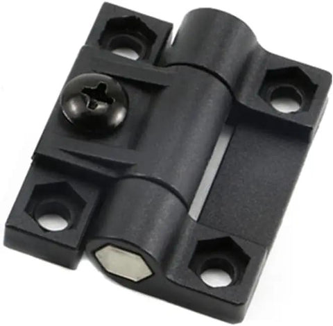 Adjustable Torque Hinge Set For Doors And Cabinets 43mm By 36mm Black Plastic With Four Countersunk Holes Position Control Symmetric Torque 0.790 Nm Stop At Any Angle Includes Four Hinges And Sixteen Screws For Easy Install, close-up of hinge