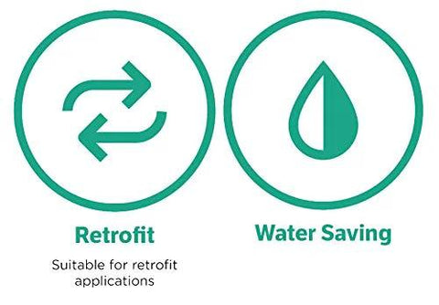 Pressure vacuum breaker assembly illustration with teal retrofit and water-saving icons.
