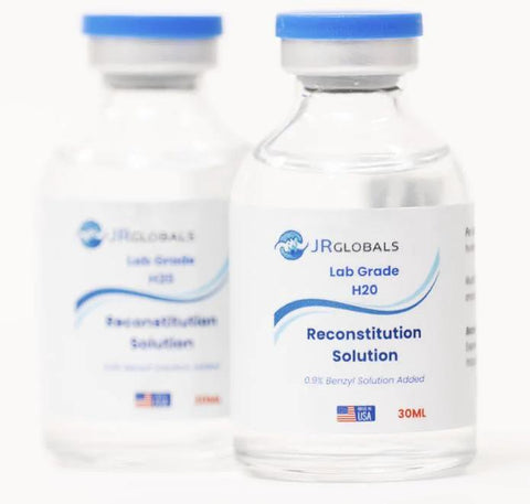 Reconstitution Solution two-pack: 30mL premium glass vials, JR Globals Lab Grade H2O label, USA flag