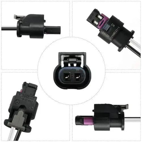 2 Pin Fuel Injector Connector And VVT Solenoid Pigtail Harness For Audi A3 A4 A5 Q5 Beetle Jetta VW With Plug And Play Compatibility Durable Wiring Harness For Quick Easy Install featuring multiple angles and connector details.