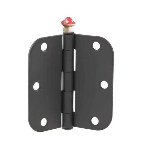 Set Of 6 Red Hinge Head Decorative Toppers For Doors With Magnetic Hinge Heads Mushroom Style displayed on a metal hinge.