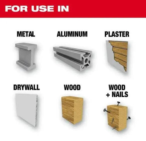 Bi-Metal Hole Saw 1-7/8 Inch For Fast Cutting And Built Tough With Ice Hardened Teeth, shown with materials it cuts: metal, aluminum, plaster, drywall, wood, and wood with nails.