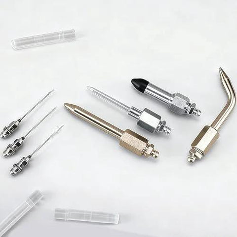 7-piece grease gun accessory kit with metal straight and elbow fittings, needle tips, and rubber tip for tight spaces.
