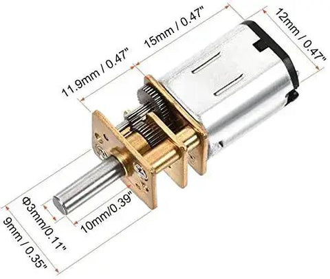12V 550RPM Miniature Gear DC Motor with plastic wheel, fixed frame, 3mm shaft, 10mm length, labeled dimensions for DIY robotics use.