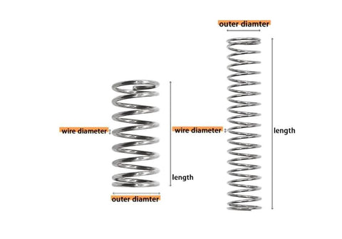 Two stainless steel compression springs with outer diameter and length dimension arrows