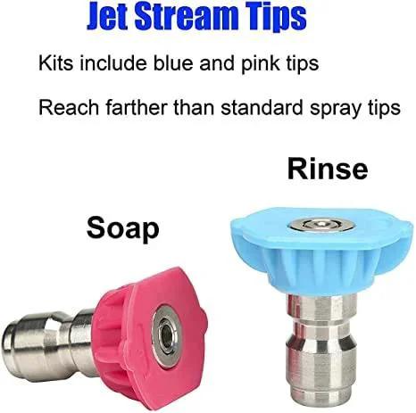 Eight Pack Pivoting Pressure Washer Nozzle Kit With Seven Angles And Two Hundred Forty Degree Rotation One Quarter Inch Quick Connect Includes Jet Stream Nozzles And Gutter Cleaner Tips For Up To Four Thousand Five Hundred PSI Hardcore Grime Removal, blue and pink jet stream tips for soap and rinse