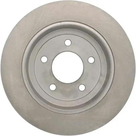 Front view of Centric C-Tek rear brake rotor; round silver metal disc with five lug holes