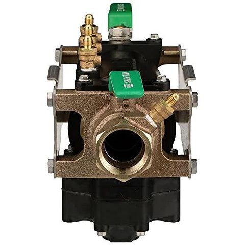 Front view of Wilkins 2-375XLFT FNPT Reduced Pressure Principle Assembly, brass body, green test cocks, 2 inch