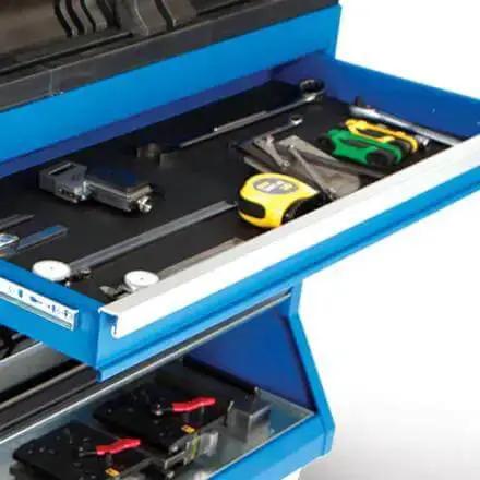 Open drawer of Press Brake Change Over Cart For European Style Tooling VT 36500 showing tools neatly arranged for easy access.
