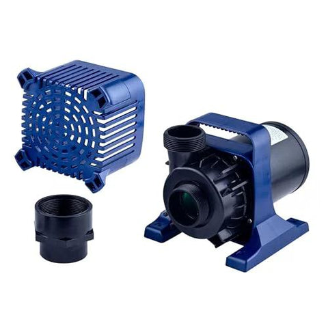 Blue submersible pond pump with protective grill and adapters; three-piece set.