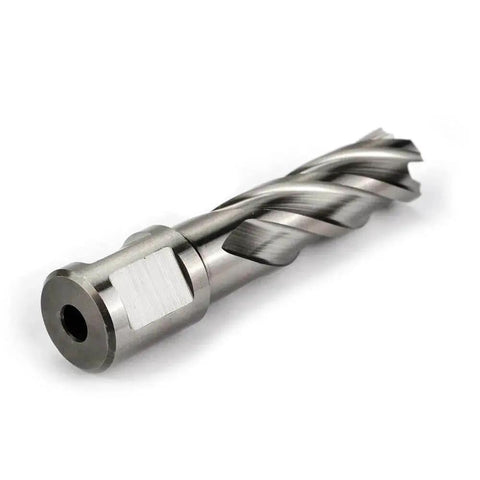 Fast Cutting HSS Annular Cutter For Magnetic Drill Press Five Eighths Inch Cutting Diameter Two Inch Depth Three Quarters Inch Weldon Shank With Two Flats And Pilot Pin By Oscarbide, showing side view with spiral flutes.