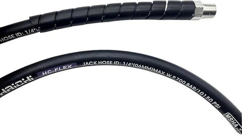 Hydraulic hose assembly with black reinforced hose, 1/4 in ID and 3/8 in NPT fittings, 6.6 ft length.