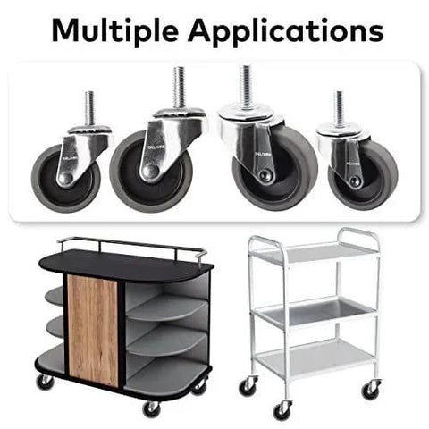 2 Inch Swivel Caster Wheels Set Of 4 For Desk And Office Chairs With Metal Threaded Stem Three Eighths Inch Sixteen Threaded Stem And One Inch Stem Length Replacement Rubber Casters Deliver 80 Lb Load Capacity Per Caster And Easy Installation, shown installed on carts
