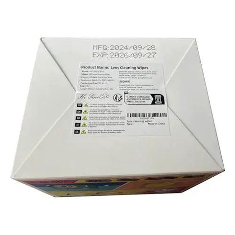 Box label of Pocket Lens Cleaning Wipes for Glasses and Screens, Quick Dry Non Streak Pack with expiry and manufacturing date