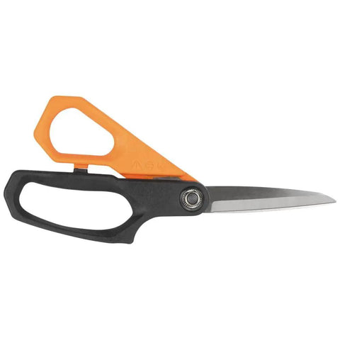 Heavy Duty Multipurpose Utility Scissors For Fabric Cardboard Plastic And Metal With Stainless Steel Blades 9 Inch Ergonomic Cushioned Grips And Adjustable Pivot Klein Tools with orange and black handles.