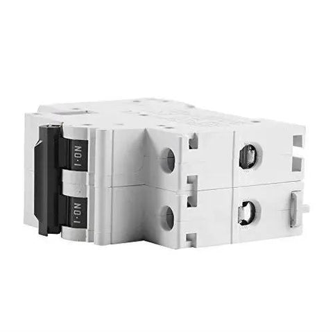 Side view of a Two Pole 250V DC Miniature Circuit Breaker for Solar PV and Grid Systems, DIN Rail Mount, 63A, white housing.