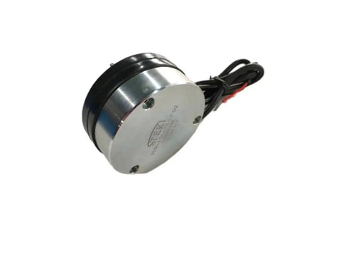 Electromagnetic brake for forklift handling equipment; side view, metal housing with black coil, 24V.