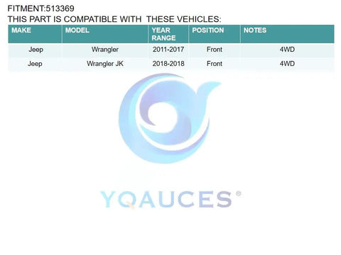 Compatibility chart for Front Wheel Bearing And Hub Assembly For Jeep Wrangler JK 2011 2012 2013 2014 2015 2016 2017 2018 4WD.
